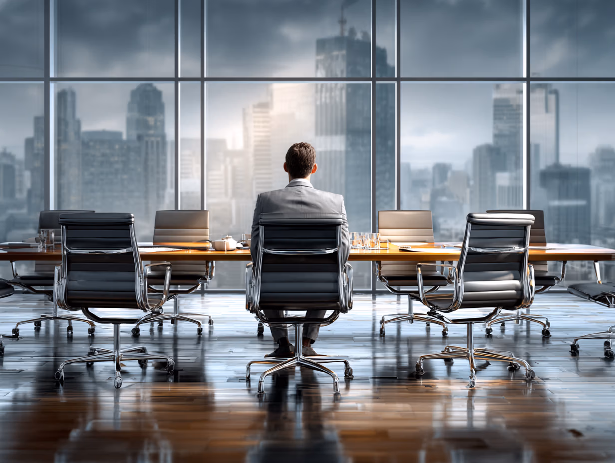 A business leader at a boardroom table looking at an empty chair, representing the need for a proactive accountant who asks the right questions.