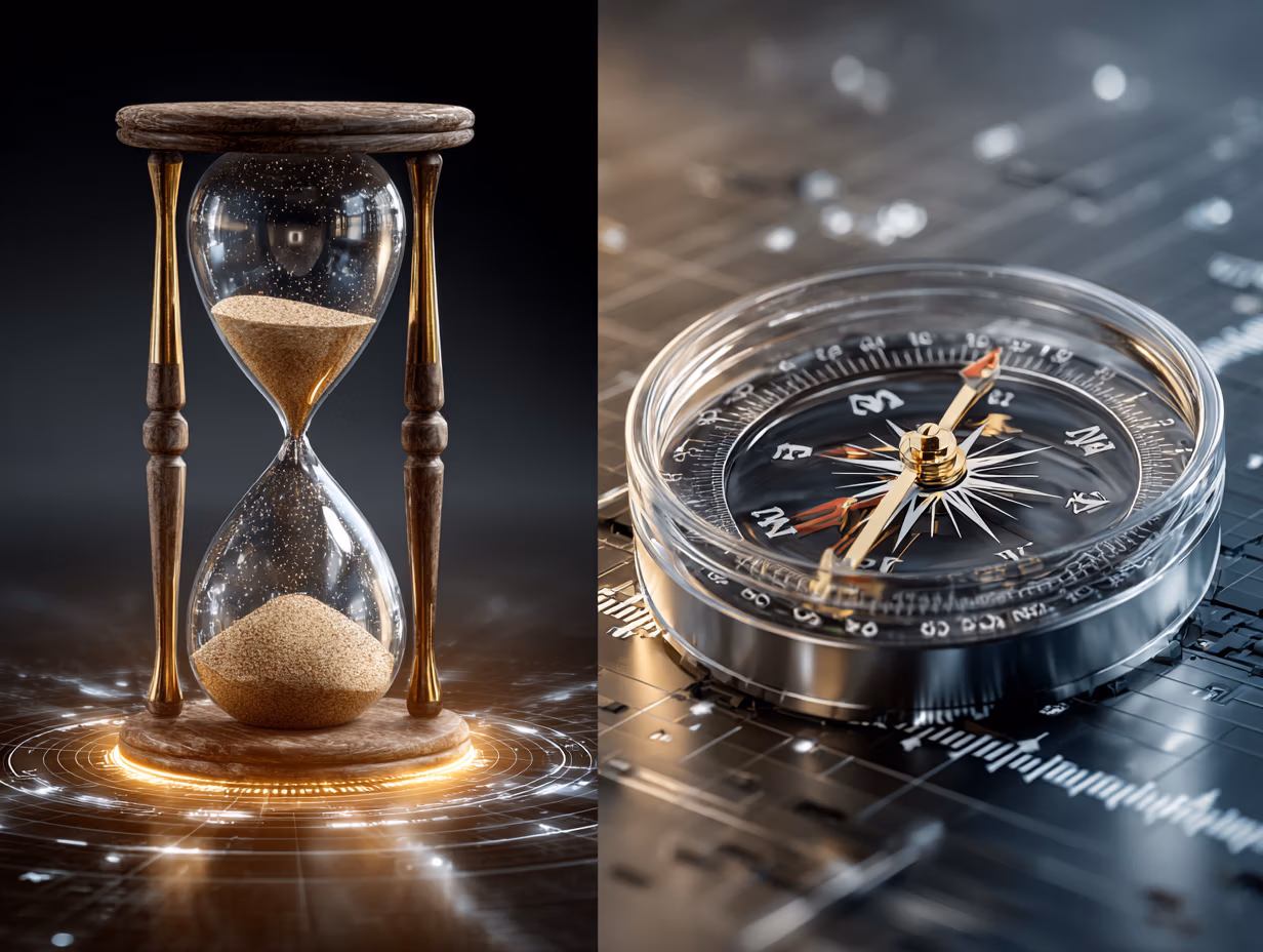 A side-by-side comparison showing a dusty hourglass (representing a traditional accountant) vs. a modern compass (representing the proactive Outrise model).