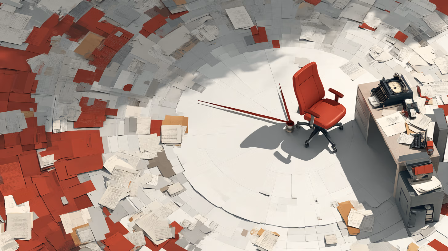 Disordered office with scattered paperwork.