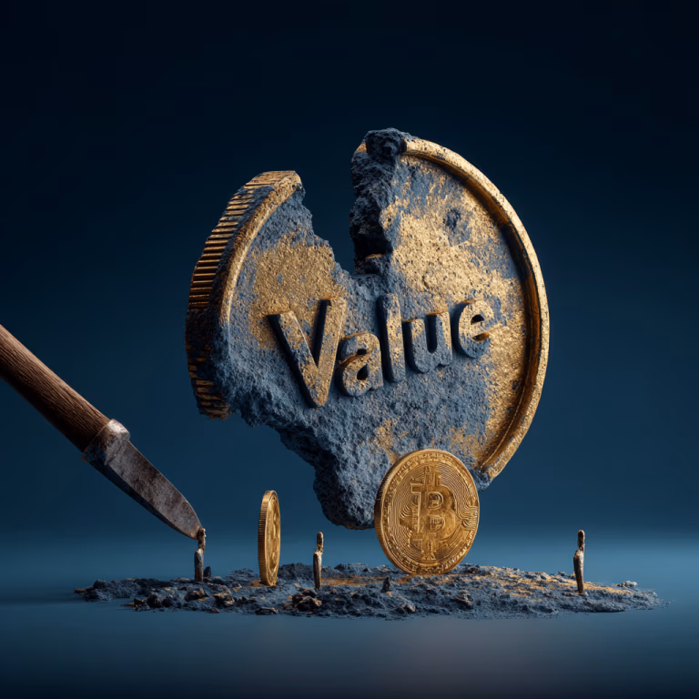 The Biggest Problem with EBITDA Multiples. Visual metaphor showing a large EBITDA valuation figure being eroded by financial deductions, resulting in a significantly lower final Equity Value.